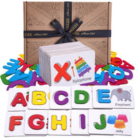 Wooden early years alphabet letters with picture flashcards with box