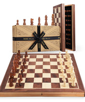Folding wooden chess set displayed with board open and pieces in play_51155