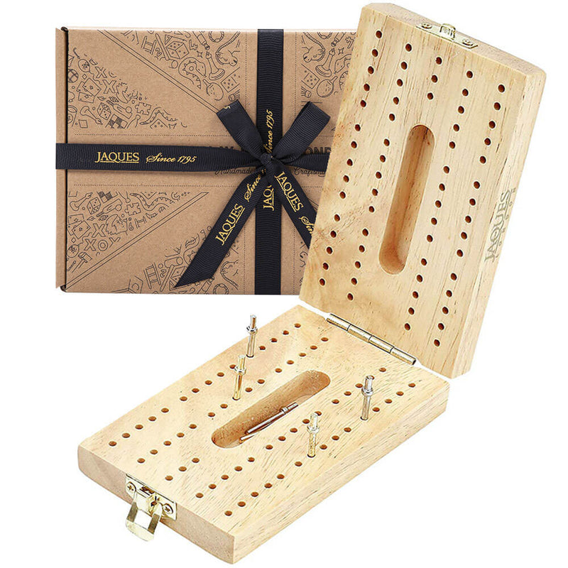 Quality wooden folding cribbage board with metal pins - board semi closed with metal pins on some holes