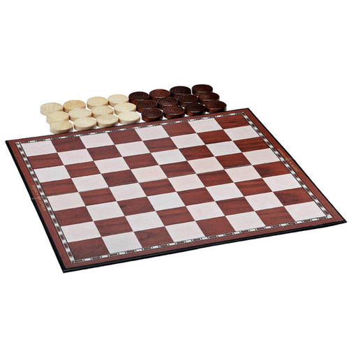 12 inch folding draughts set complete with white and brown draughts stacked by the board