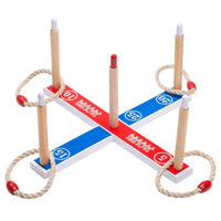 A classic family game garden quoits - painted in red, white and blue colours with rope quoits