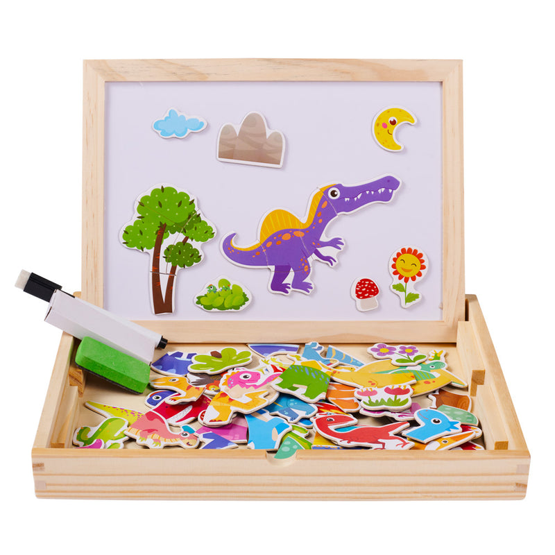 Kids-Dinosaur-Land-Magnetic-Board - box open with dinosaur on wipe board with flowers and trees