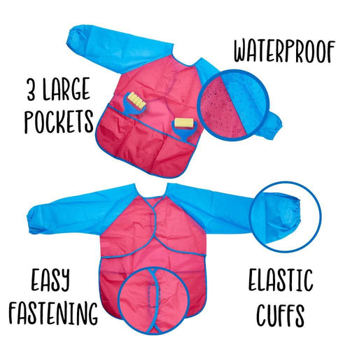 front and back shots of the painting overall. Colour is blue and pink with wording to say waterproof, 3 large pockets, easy fastening and elastic cuffs 