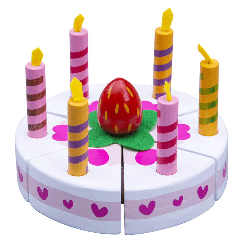 Kids wooden pretend play party cake with 6 candles and strawberry on top