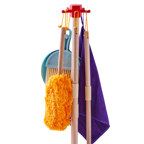  Kids cleaning set hanging on wooden stand  