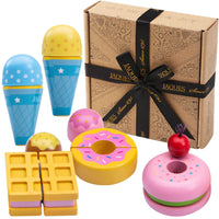 Kids ice cream counter toy of assorted pretend cones, doughnuts and waffle and gift boxing