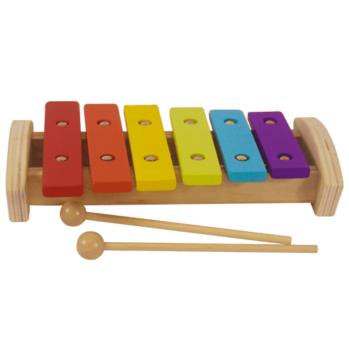A colourful kids xylophone toy with 6 notes - xylophone front facing with two wooden battens