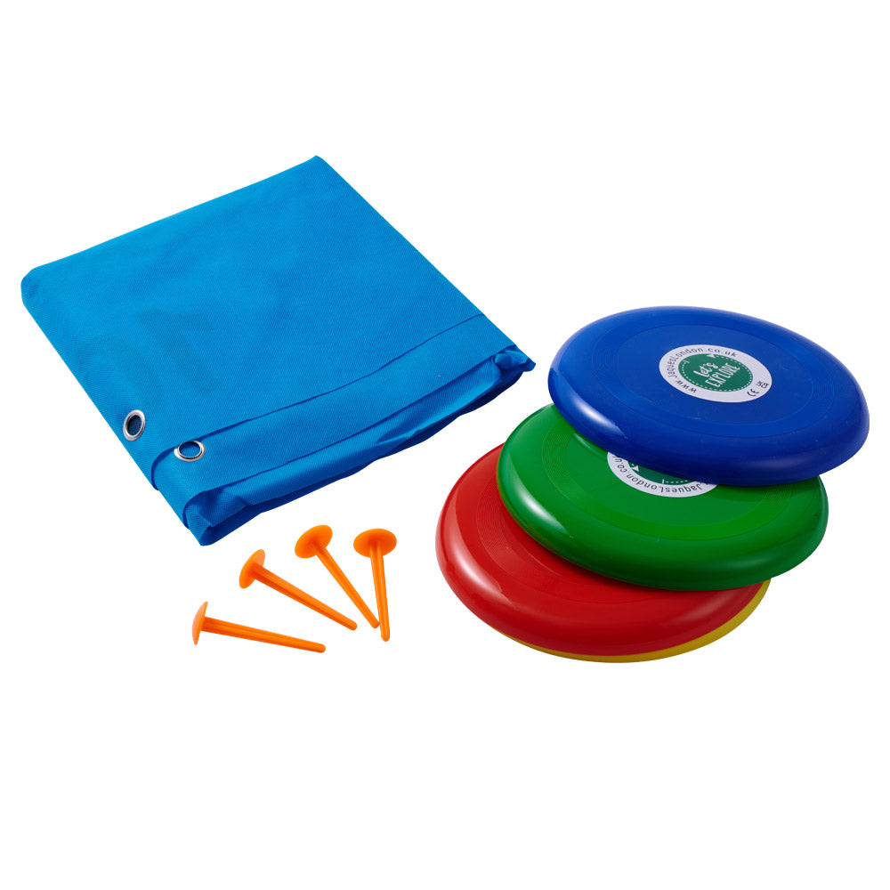 Outdoor target toss accessories, frisbees in red, blue, green and yellow, folded up target mat and ground sheet pegs