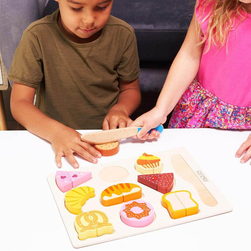  Children pretending to slice wooden bakery play food 