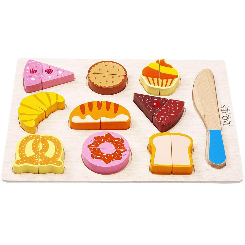 Set of 9 wooden bakery play food pieces with a knife on a board