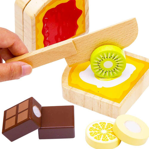  Hand slicing fruit with wooden knife by breakfast play food  