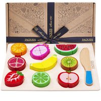 Wooden board of 9 sliceable pieces of fruit and a knife