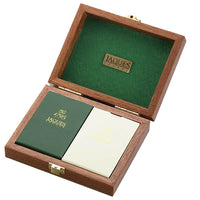Two packs of cards in mahogany box with felt base lining