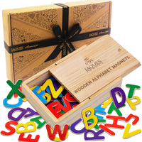 Wooden alphabet set of magnetic letters complete with wooden storage box and gift box packaging