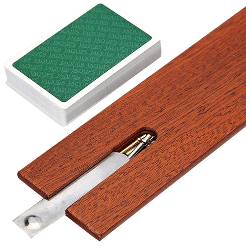  Back of mahogany cribbage board with cards