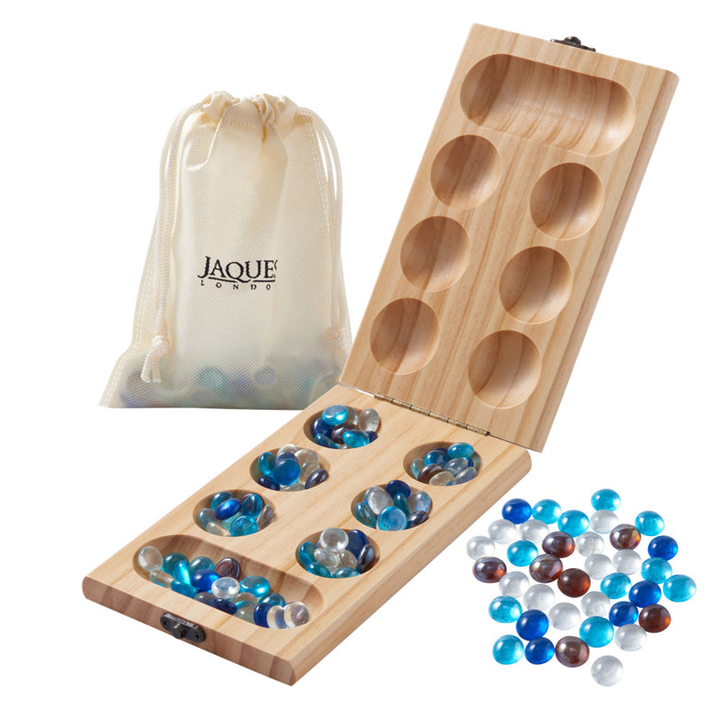 Mancala-LuxuryGame-Board-half-folded-with-storage-bag-and-spare-glass-counters-scattered_51881