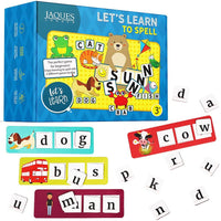Box packaging standing up with letter tiles and word flash cards