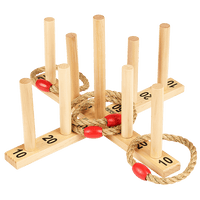 Wooden nine pin quoits with rope hoops