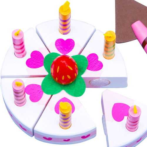  Wooden party cake with cake slice and one cake slice pulled out