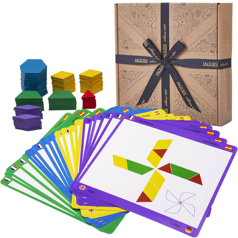 Kids geometrical shape building game - Shape building cards spread out with wooden shapes - great for learning about shapes by creating them