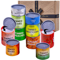 10 pretend tinned play food - store cupboard favourites grouped together