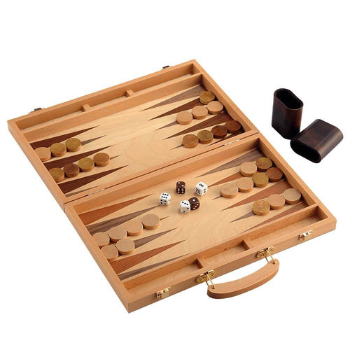 Open oak case backgammon set with dice throwing cups and game in play