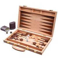Solid Oak Case Backgammon Set, open with pieces inside and dice cup [lifestyle]