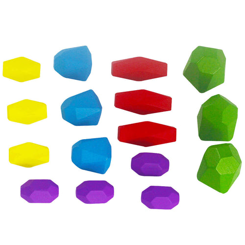 16 wooden montessori balancing shapes - wooden shapes laid out in colours of yellow, blue, red, purple and green