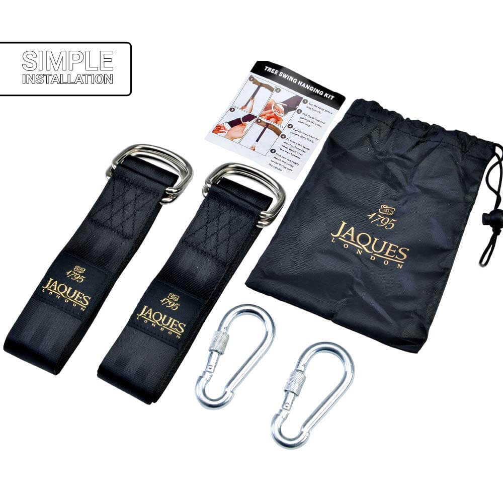  Jaques black storage bag, 2 x carabiners, 2 x straps and 1 x installation instructions leaflet, with the words simple installation 
