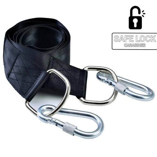  Straps rolled up to show carabiner locks and the words safe lock carabiner, with a picture of a padlock