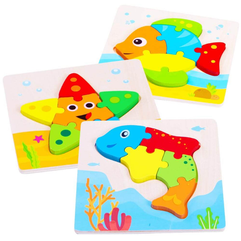 Set of 3 wooden puzzle boards of a fish, starfish and dolphin