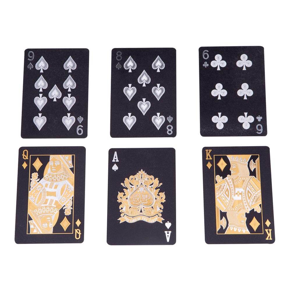 Black waterproof playing cards in silver and gold