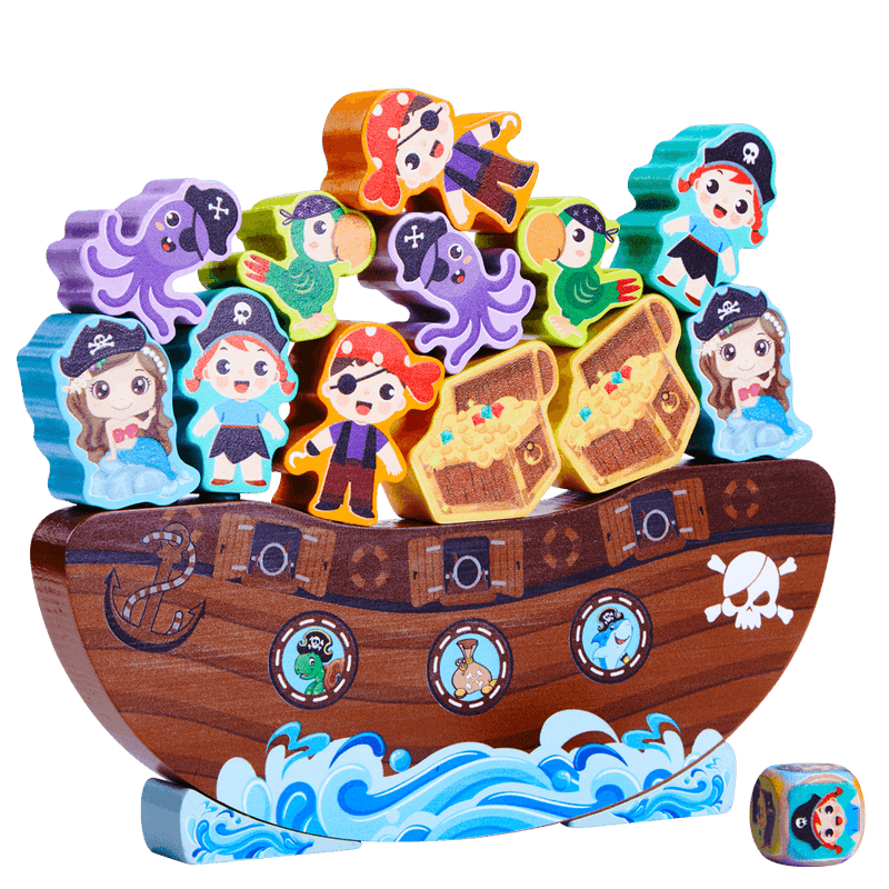 Pirate boat with gold and pirates and crew