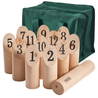 Wooden numbered skittles with green storage bag