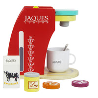 Childs wooden coffee machine in red yellow and pale blue. with milk carton, sugar jar , coffee pods, cup, and spoon