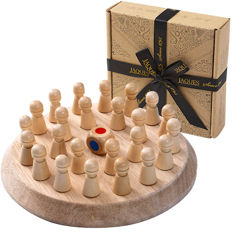 Wooden memory game with all pieces and dice in place on the board