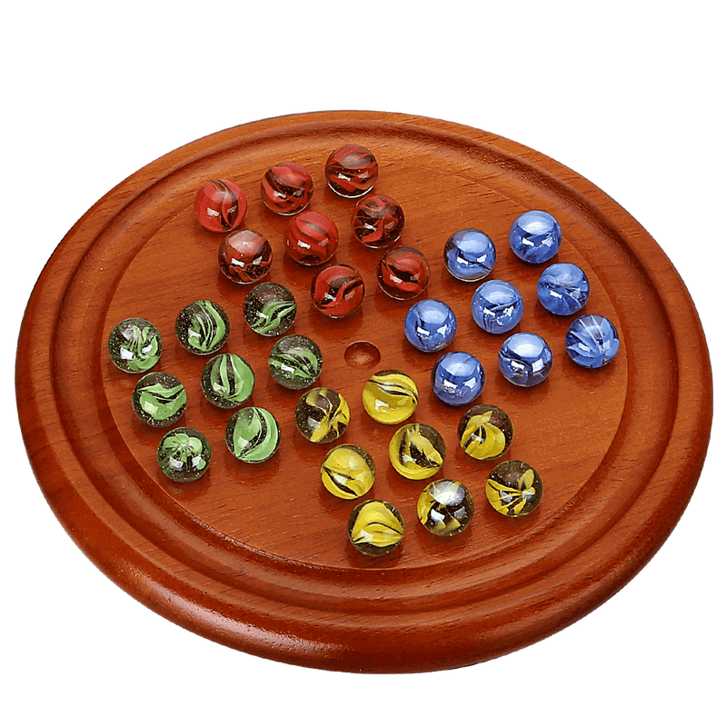 Wooden solitaire board with colourful glass marbles